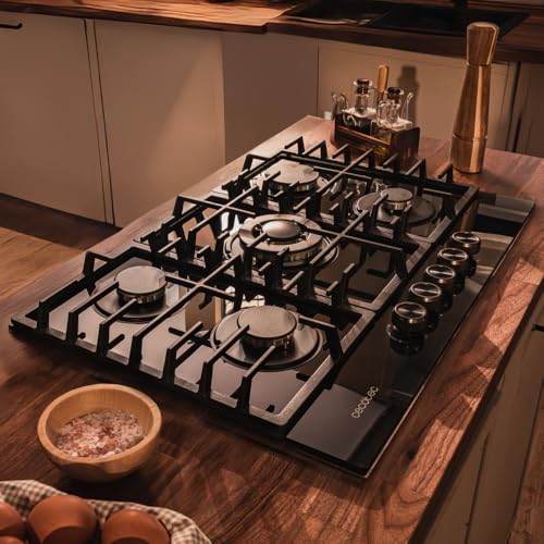 Miniatura 4 de Cecotec Placa de Gas 5 Fuegos Bolero Squad GN 5200F Glass Black. 11kW, Preparada para Gas Natural, Cristal Negro, Parrillas Completas de Hierro Fundido, Quemador Wok, Sistema de Seguridad
