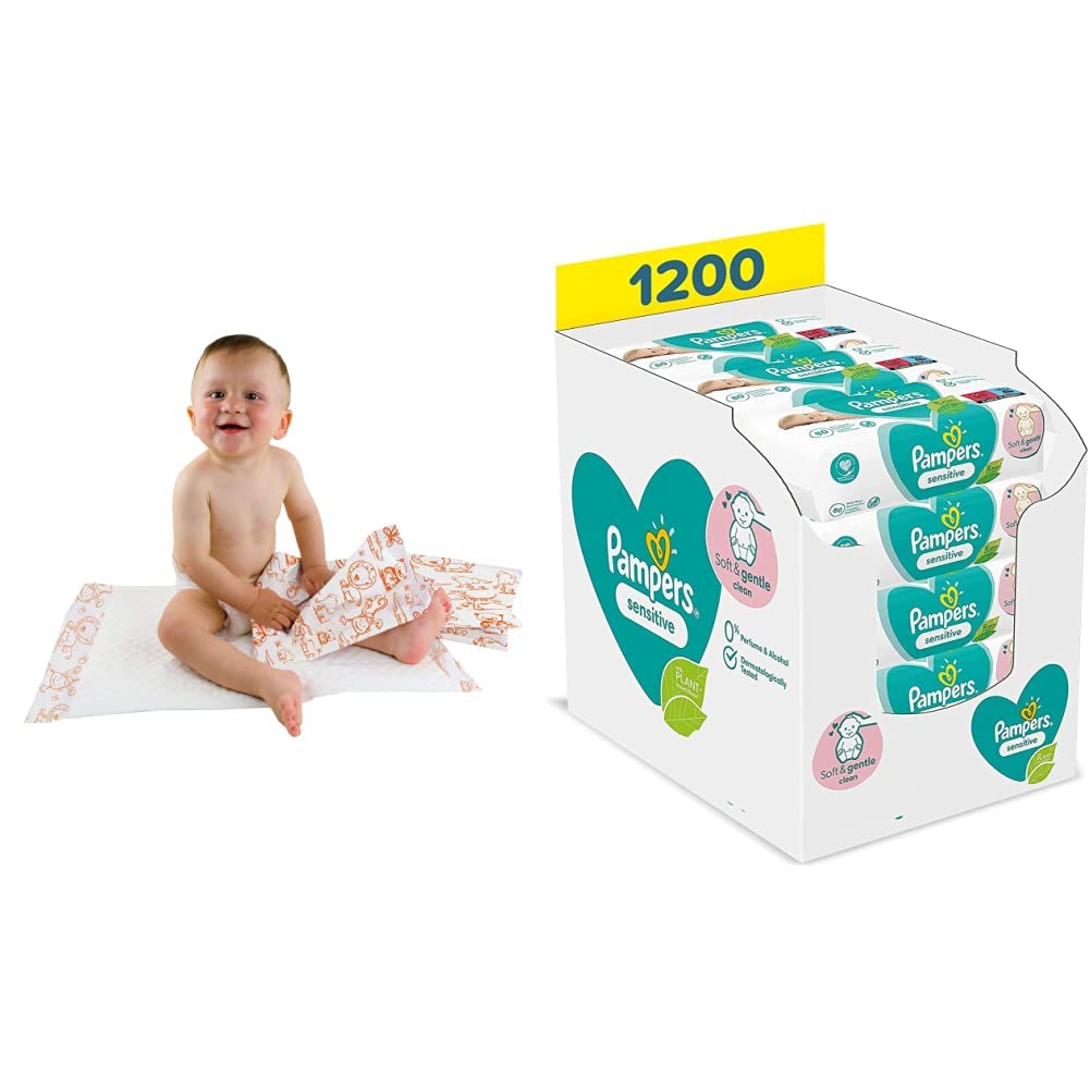 Teqler Baby-Wickelunterlagen: Wickelunterlagen mit verschiedenen Motiven für unterwegs, hygienisch mit Superabsorber 40 x 60cm (50-er Pack) & Pampers Sensitive Baby Feuchttücher, 1200 Tücher (15 x 80)