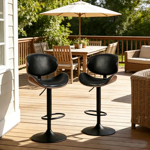 Image of HealSmart Swivel Bar Stools Set of 2, PU Leather, Adjustable Height Bentwood BarStools with Ergonomic Back and Footrest, Ideal for Bar Stools for Bar Counter, Home Kitchen, Dining Room, Black