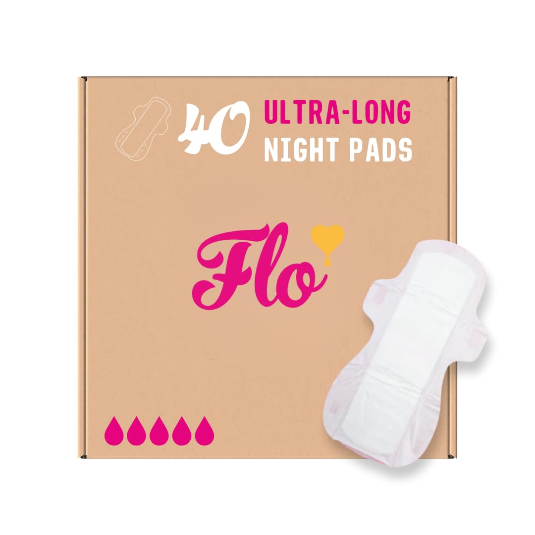 Flo - Ultra Long Night Menstrual Pads (40 Pack) - Organic Bamboo Period Pads for Women - Ultra Heavy Flow - 3D Leak Barrier - Absorbent, Soft, & Breathable - Plant Based-Vegan, Cruelty Free