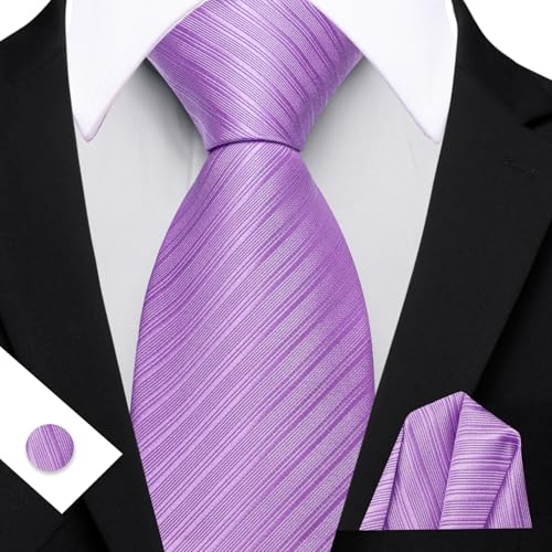Image of Barry.Wang Solid Striped Tie for Men Silk Necktie Pocket Square Cufflinks Formal Wedding Party Business