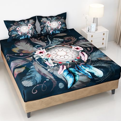 Image of Story@Home Bedsheet for King Size Bed Digital Printing 240TC Satin Finish with 2 Pillow Covers, (270 cm X 270 cm, Navy Blue & Pink), Dream Catcher Design | Double Bed Bedsheet