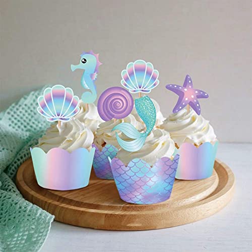 40Pcs Mermaid Cupcake Toppers And Wrappers, 20Pcs Double Side Little Mermaid Cake Decorations, 20Pcs Mermaid Cupcake Wraps For Girls Mermaid Theme Birthday, Baby Shower, Under The Sea Party #TOP6