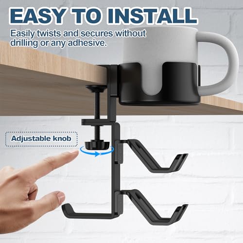 Image of 4 in 1 Desk Cup Holder with Headphone Hanger and Controller Stand Gaming Accessories, Universal Adjustable & Rotating Upgraded Arm Clamp for Coffee Mugs, Water Bottles, Headphones, Controller.