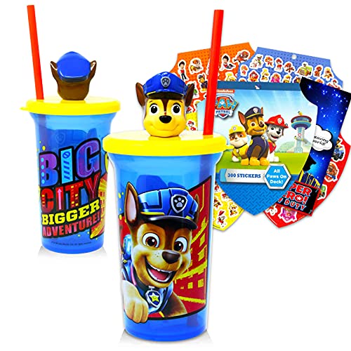 Paw Patrol 15 oz Cup Set for Kids, Boys -- Bundle Paw Patrol Chase Refillable Cup with Straw, Stickers, Doorhanger | Paw Patrol School Supplies Sports Water Bottle