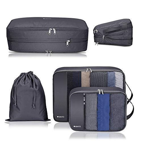 1DOT2 Kleidertaschen Set 4-teilig Koffer Organizer mit 50% Kompression Packtaschen Packwürfel Kratzfest erweiterbar wasserabweisend Wäschebeutel YKK Reißverschluss für Rucksack Reise Fitness Grau Cover
