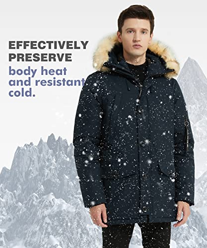 Puremsx Puffer Winter Jacket For Men, Water Resistant Thickened Heavy Duty Vegan Down Coat Lined Fur Hooded Long Anorak Parka Padded Coat,Navy,3X-Large #TOP2