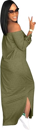 Miniatura 3 de Oluolin - Vestido largo con estampado de letras y hombros descubiertos, manga larga, con moño en los laterales, abertura, holgado, maxi vestido