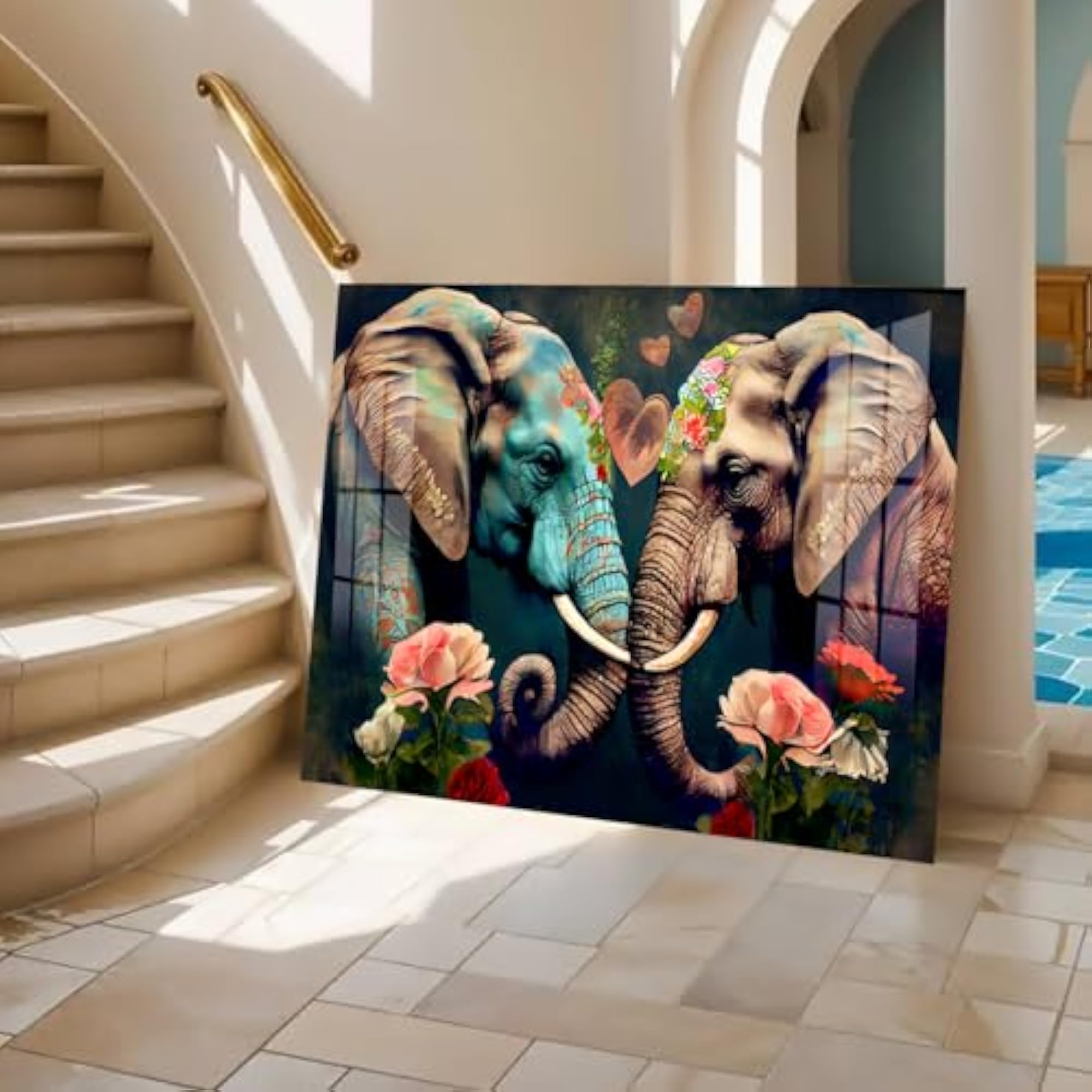 Elephant Painting with Floral Artwork, Wall Decor