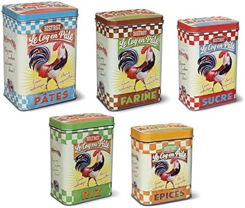 Natives - 211253 - Set of 5 “Coq en Pâte” Multicoloured Metal Tins - 9.9 x 5 x 7 cm
