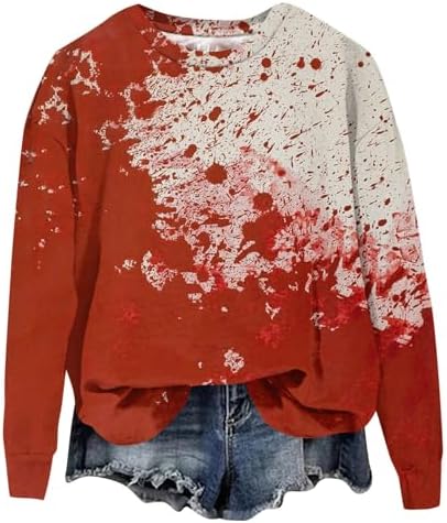 Halloween Sweatshirt Fall Long Sleeve Hoodies Pullover Tops Crew Neck Retro Halloween Print Bloody Clothes