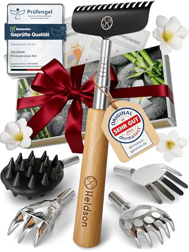 HELDSON® Rückenkratzer Holz [Inklusive 5 Kratzaufsätze] - stufenlos ausziehbar - Wichtelgeschenk - Kratzhand - Back Scratcher - Rücken Massage Kratzer - Geschenk für Senioren, Frauen & Männer