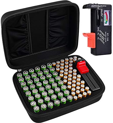 Battery Organizer Storage Box Case Holder for 48 x AA, 48 x AAA Total 96 Batteries with Battery Tester, Extra 2 Pockets for Other Accessories