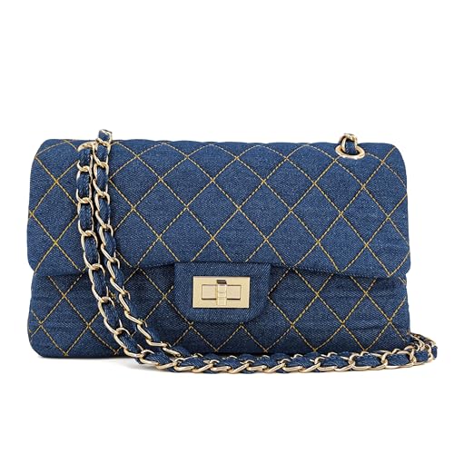 Image of M-ioi-M Quilted Denim Crossbody Bags for Women, Chain Strap Shoulder Bags, Medium Double Flap Purse, Gold Hardware Jean Purse