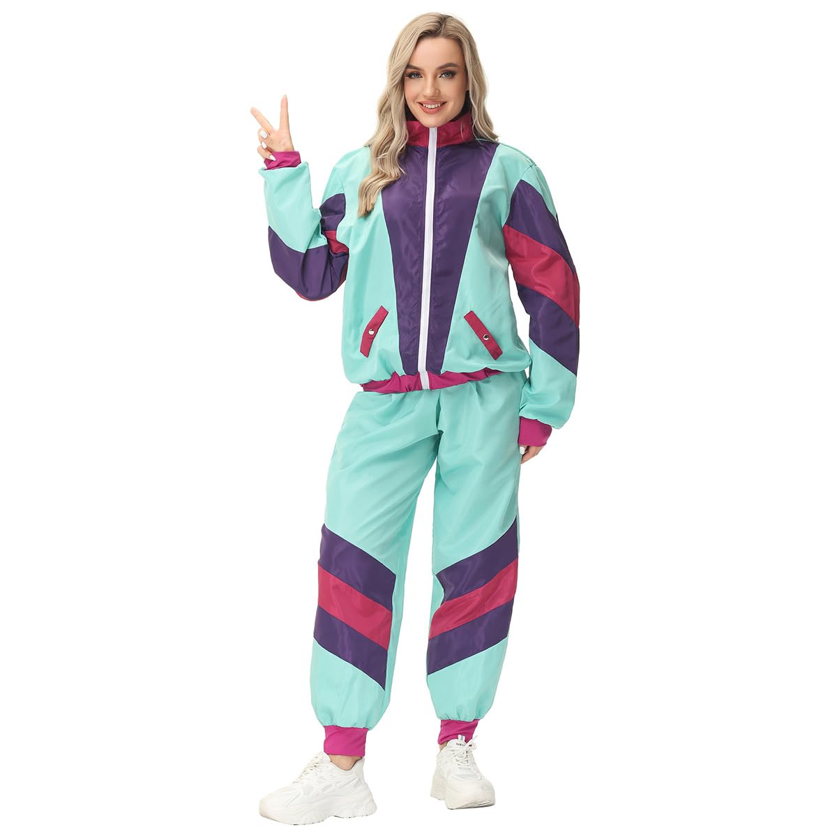 IMEKIS 80s Tracksuit for Women Men Retro Hip Hop Windbreaker Halloween Cosplay Disco Tracksuit 90s Shell Suit: Medium Mint Green
