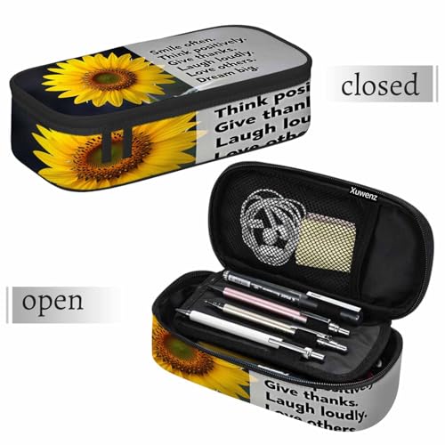 Image of Sunflower Pencil Case Smile Often Think Thanks Laugh Loudly Bright Yellow Flower Pencil Bag Pen Markers Pouch Holder Organizer for Boy Girl School Students