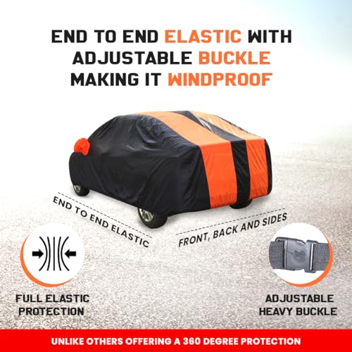 Image of Autofact Car Body Cover for MG Comet | Triple-Stitched, Windproof with Buckle Belt, Elastic Hem, UV Protection, Scratchproof & Dustproof, Soft Feather-Like Fabric for All-Weather Protection (Orange)