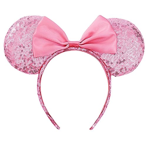 Hpfulseazn Diadema con orejas de Minnie Mouse para niñas y mujeres, diadema con lentejuelas y purpurina para cosplay, fiesta de cumpleaños (rosa)