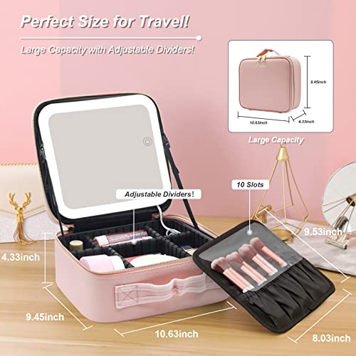 Rrtide Makeup Bag With Mirror Of Led Lighted, Travel Makeup Train Case Cosmetic Bag Organizer With Adjustable Dividers, Makeup Case With Mirror And Detachable 10X Magnifying Mirror #TOP1