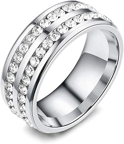 Xusamss Anillo de banda de cristal de doble fila de acero inoxidable de moda