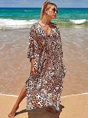 Image of sunforyou Kaftan Dresses for Women Plus Size Lightweight Swimsuit Cover up Batwing Sleeve Print Loungewear Beach Robe