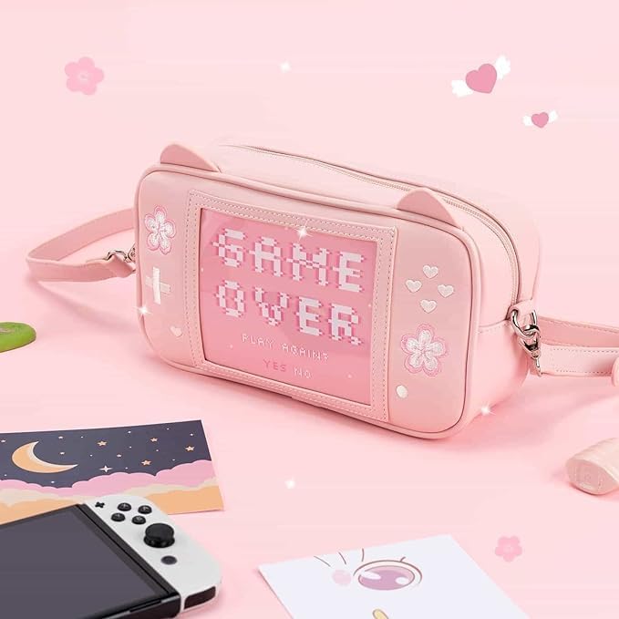 BelugaDesign Sakura Game Purse | Ita Cute Kawaii Ears Pink Pastel Everyday Handbag Crossbody Bag | 6 Removable Anime Moon Cat Mountain Japanese Cherry Blossom Cards Compatible with Nintendo Switch3