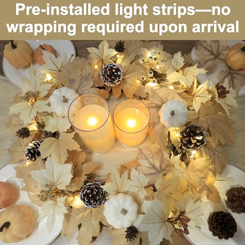 Image of Fall Wreath with Lights 22 Inch | Pre-Lit Wreath with Maple Leaves Pumpkins & Pinecones for Indoor Outdoor Wall Porch Thanksgiving Halloween Decor