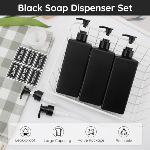 Image of Segbeauty Bathroom Soap Dispenser with 2 Extra Pumps, 3 Pack 16.9oz Shampoo and Conditioner Bottles with Funnel, 500ml Empty Shower Bottles Refillable with Labels Liquid Soap Dispenser for Bathroom
