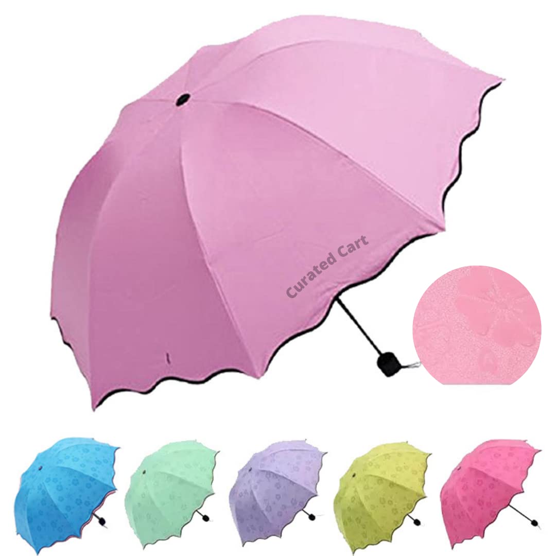 CURATED CARTColor Changing Magic Umbrella Light Weight Windproof Folding Umbrella Small Backpack Essentials (Peach)