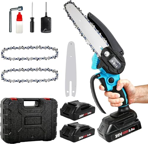 CKEVE Mini Chainsaw 6-Inch, Portable Electric Chain Saw Battery Powered Cordless with Safety Lock for Garden Tree Trimming, 250W Motor, 2 Chains, 2 Rechargeable Battery 20V 2000mAh Included, Blue