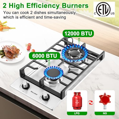 Image of 2 Burner Gas Cooktop, 12 Inch Built-in Gas Stove Top, NG /LPG Convertible Stainless Steel Propane Stove, Electronic Auto Ignition & Heavy-Duty Cast Iron Grates for Kitchen, Apartment, RV, Outdoor