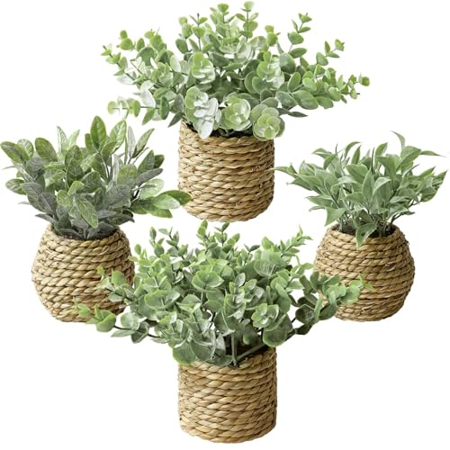 Small Fake Potted Plants: 7 Inches Artificial Plants with Seagrass Handwoven Planters, Indoor Farmhouse Decorations, Eucalyptus Plant for Home Bathroom Office Shelf Tabletop Desk Room Decor or Gift