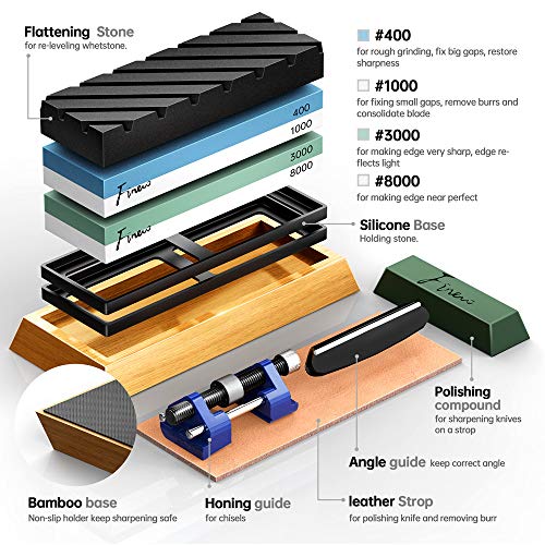 Knife Sharpening Stone Set, Finew Premium 4 Side Grit 400/1000 3000/8000 Water Stones, Non-slip Bamboo Base, Flatting Stone, Angle Guide, Leather Strop, Polishing Compound and Honing Guide - Thumbnail 3