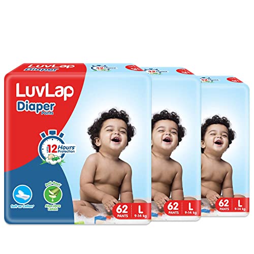 Image of LuvLap Baby Diaper Pants L Size (Large), with Aloe Vera Lotion for rash protection, 186 Count (62x3), with upto 12Hr protection For babies of 9 to 14Kg, Super Jumbo pack (62 Count, Pack of 3)