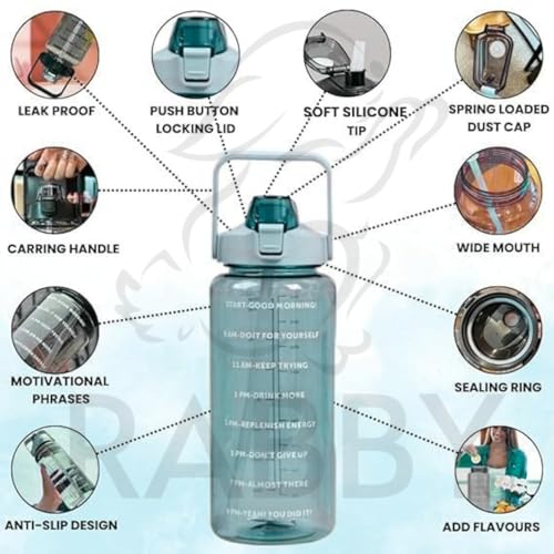 Image of RABBY 2L Motivational Water Bottle for Kids & School Use | Time Marker, BPA-Free, Leakproof Straw Lid, Carry Strap | Plastic Water Bottle for Travel, Sports, Gym, Office (Sea Green 1Pcs)