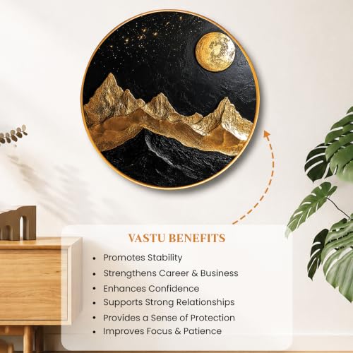Image of PAINTINGMANTRA Golden Mountain Moon Vastu Framed Wall Art Painting For Living Room, Symbol of Stability, Mountain Poster with frame for Wall, Decoration item for bedroom & Home, 23 Inch