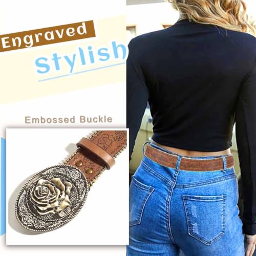 Image of Yalice Western Brown Belt for Women Vintage Cowgirls Leather Jeans Belts with Embossed Buckle