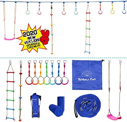 Rainbow Craft Portable Ninja Obstacle Course - Upgraded Strength Version Ninja Line, 7-Pack Ninja Ring, Climbing Rope Ladder & Swing Seat - Kids Backyard Ninja Course Outdoor Training Equipment