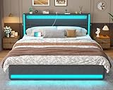 Dnxao King Bed Frame with Headboard and LED Lights, Upholstered Platform Bed with USB Charging Station, King Size Bed with Metal Support and Footboard, No Box Spring Needed, Easy Assembly, Dark Grey