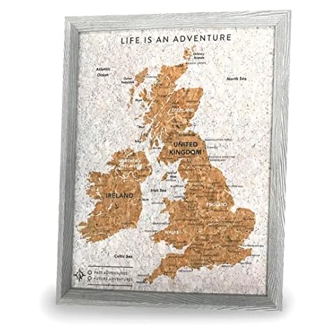 Splosh - Pin Board Map of the UK in a Grey Wooden Frame for Travel. The travel map corkboard comes with 2 sets of pins to personalise your world travel adventures Cover
