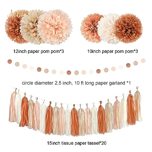Image of AOBKIAT 28PCS Fall Party Decorations Kit with Dusty Brown Orange Khaki | Boho Retro Style with Paper Pom Poms,Garland,Tassels for Autumn Baby Shower,Bridal Showers,Wedding,Birthday,Thanksgiving