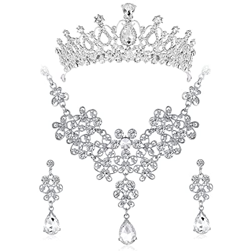 Darryy Bijoux de Mariée, 4 Pièces Parure de Bijoux Pour Mariage, Ensemble de Bijoux de Mariage, Ensemble de Parure Bijoux Pour Mariage, Colliers, Boucles d'oreilles et Couronnes, Strass Rhinestones Cover