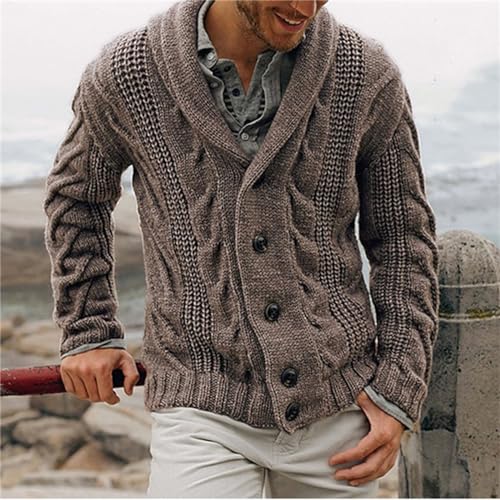 Mens Cable Knit Shawl Collar Cardigan Sweater, Loose Fit Long Sleeve, Button-Up Front, Ideal for Casual Wear2