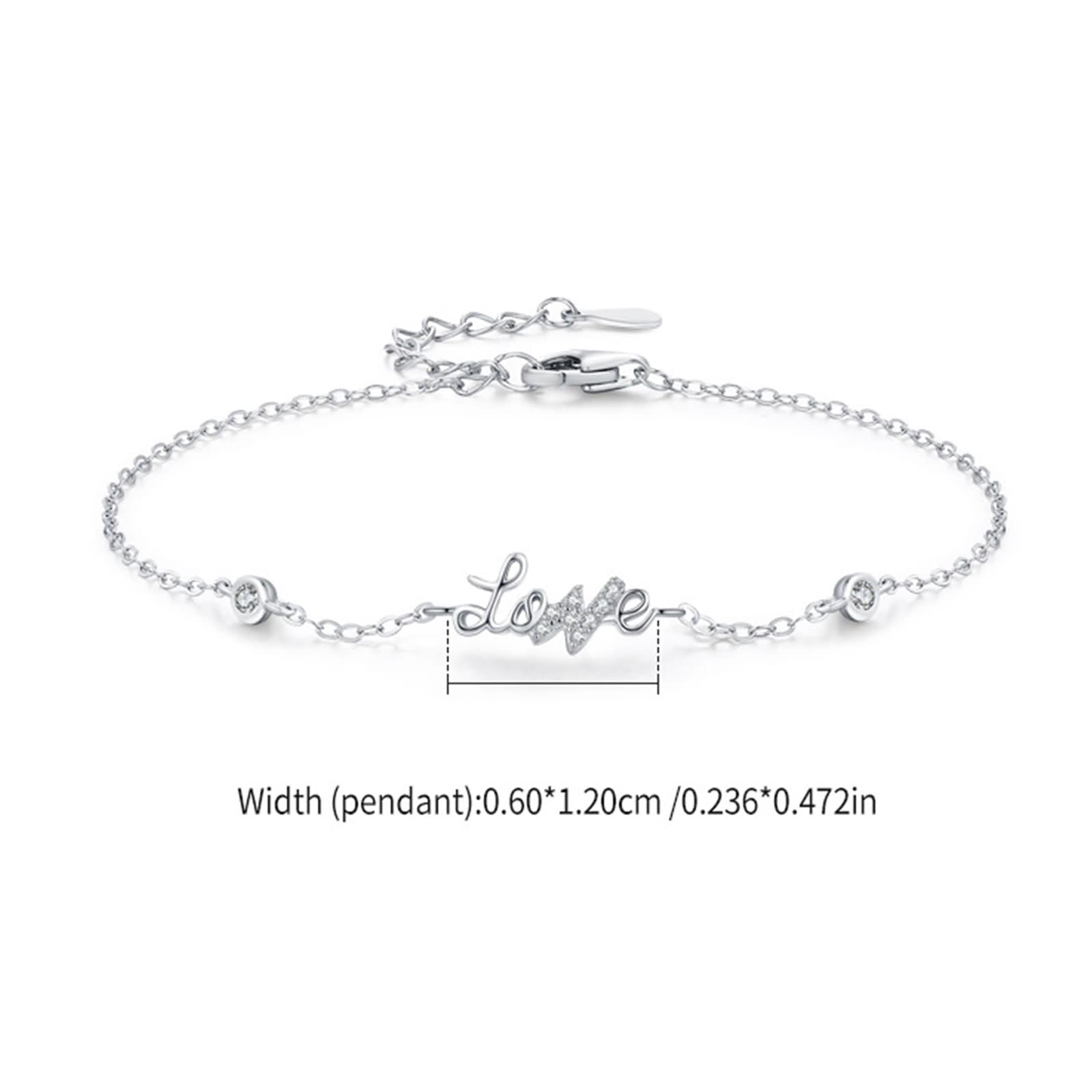 Pulseras de Oro Blanco 9 Kilates / 14 Kilates / 18 Kilates Mujer, Letra love con Diamante Creado, Cadena Extensible 16 CM + 5 CM, Pulseras para Mujer Plata