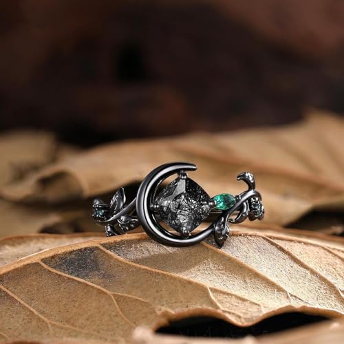 Gemstone Nature Black Rutilated Quartz Rings Set Wedding Ring Sets 10K 14K 18K Solid Gold Kite Cut Black Rutilated Quartz Engagement Bridal Ring Sets for Women Free Engrave3