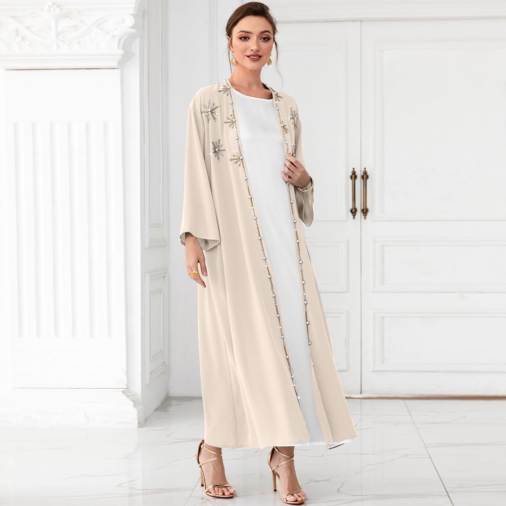 Muslim Abaya Long Sleeve Open Front Rhinestones Kaftan Cardigan Maxi Dress for Women with Belt - Image 4