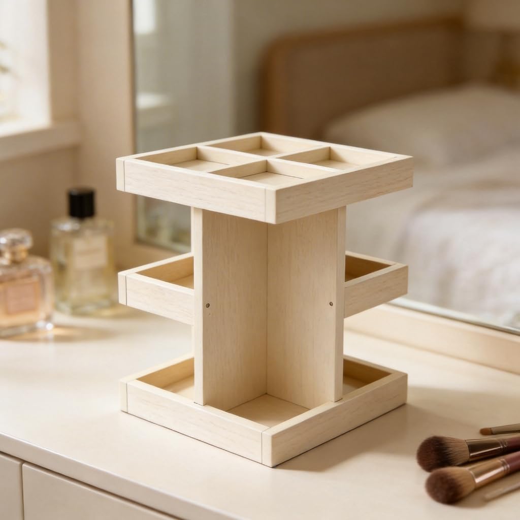 Elegante organizador de accesorios de belleza de madera de 3 niveles con estante de almacenamiento giratorio para cosméticos