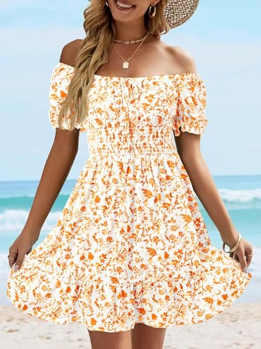 Image of Womens Babydoll Mini Dress Casual Square Neck Short Sleeve Summer Dresses | Empire Waist, Smocked, Flowy, Short Beach Dress, Vacation, Floral, Boho