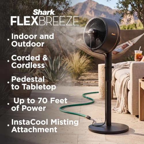 Image of Shark FlexBreeze 2-in-1 Fan with Misting Attachment, White, FA222WH | Corded /Cordless, Pedestal to Tabletop, up to 24-Hr Battery, up to 70 Ft of Power, 5 Speeds, with Outdoor Misting Attachment