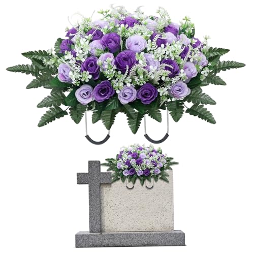 Headstone Flower Saddle, 26x14 Inch Silk Cemetery Flowers for Grave, Lifelike Purple Rose Grave Decorations for Cemetery Flowers for image 2